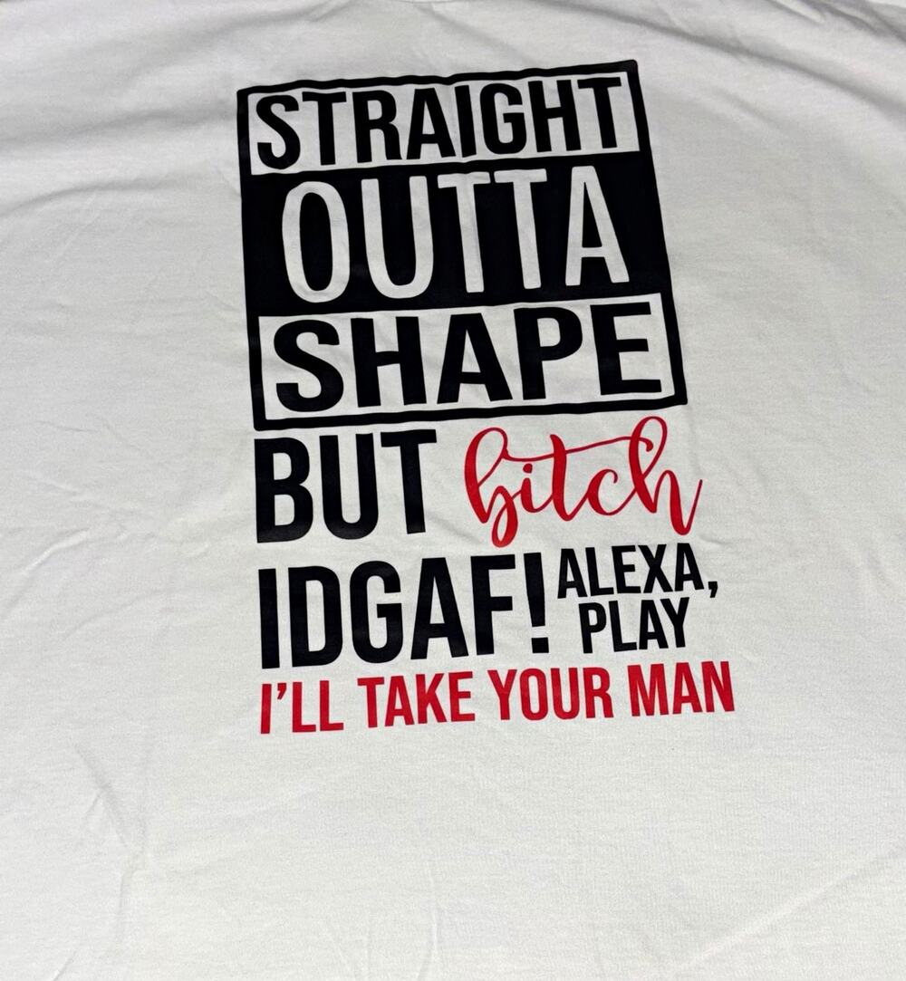 Funny adult Graphic Print T-Shirt L Crew Neck "Straight Outta Shape"